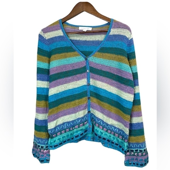 Northern Isles crochet knit cardi sweater striped Blue Medium - Picture 1 of 9